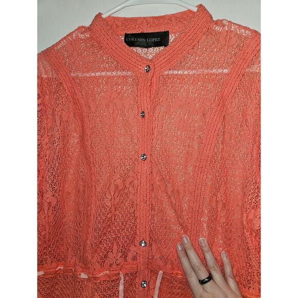 Coral Orange Lace Crochet Cover-up Kimono Tie Waist Button Front Long Sleeve XL - Picture 6 of 10